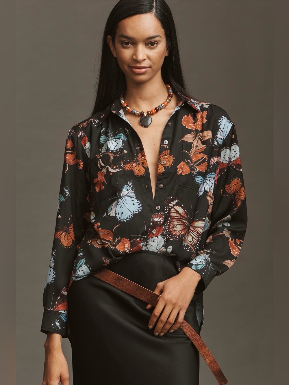By Anthropologie Floral Button-Down Blouse Black with Multicolor Bloom Print